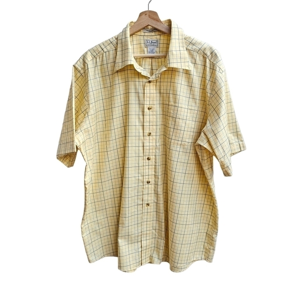 LL BEAN 100% Cotton Yellow Blue Check Pattern Button-down Short-sleeved, Size XL - Picture 1 of 7